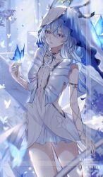 1girl armlet blue_butterfly blue_dress blue_hair blue_nails blue_veil bug butterfly butterfly_on_hand commentary dress hair_between_eyes highres insect jewelry long_hair looking_at_viewer nail_polish nukoxx_02 purple_eyes shorekeeper_(wuthering_waves) solo symbol-only_commentary thighs two-tone_veil veil watermark white_veil wuthering_waves