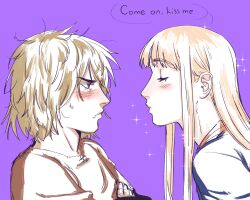 2boys about_to_kiss absurdres androgynous blonde_hair blush brown_eyes canute closed_eyes english_text eyebrows eyebrows_hidden_by_hair eyelashes highres long_hair looking_at_another male_focus medium_hair messy_hair mia_bobriha multiple_boys prince profile pursed_lips sidelocks simple_background sparkle speech_bubble sweat sweatdrop thorfinn upper_body viking vinland_saga yaoi