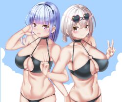 Rule 34 | 2girls, absurdres, azur lane, bikini, black bikini, black choker, blunt bangs, blush, breasts, choker, cleavage, cosplay, dido (azur lane), eyewear on head, hair between eyes, hand in own hair, hand on own hip, highres, locked arms, long hair, looking at viewer, maid headdress, multiple girls, o-ring, o-ring bikini, official alternate costume, open mouth, shinonome halltro, short hair, siblings, sirius (azur lane), sirius (scorching-hot seirios) (azur lane), sisters, smile, sunglasses, swimsuit, v, white hair