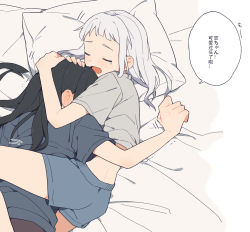 2girls alternate_hairstyle arashi_chisato black_hair blush closed_eyes coldcat. commentary ear_blush hair_down hand_on_another&#039;s_head hazuki_ren hidden_face highres hug long_hair love_live! love_live!_superstar!! lying medium_hair midriff multiple_girls on_bed shorts translation_request white_hair yuri