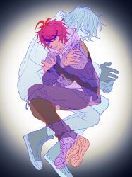 Rule 34 | 2boys, absurdres, aotsuki eito, black gloves, black jacket, black pants, blue eyes, commentary, english commentary, full body, ghost, gloves, gradient background, grey background, highres, hood, hoodie, hug, jacket, limited palette, male focus, multiple boys, pants, parted lips, ransuteeki, sumino takumi, the hundred line -last defense academy-, white hoodie, yaoi