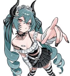 absurdres bandaid black_nails blue_hair breasts buckle cleavage collar commentary commission double-parted_bangs drill_hair english_commentary frills from_above hair_between_eyes hair_ornament hairclip highres horizontal-striped_thighhighs long_hair looking_at_viewer open_mouth orange_eyes original spiked_collar spikes thighhighs twin_drills twintails very_long_hair white_background zeon_(zzeeonn)