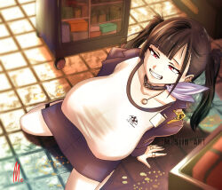 1girl absurdres areolae_visible bad_tag bare_shoulders breasts choker cleavage collar goddess_of_victory:_nikke high_angle highres indoors jacket_only large_breasts light_rays looking_up nipples non-web_source nude on_floor open_clothes smile sora_(nikke) sunbeam sunlight thighs tile_floor tiles torn_clothes