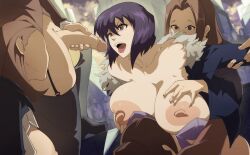 Rule 34 | 1futa, 3girls, absurdres, blue jacket, breasts, futanari, gangbang, ghost in the shell, ghost in the shell: stand alone complex, grabbing another&#039;s breast, groping, group sex, highres, huge breasts, jacket, kusanagi motoko, multiple girls, nipples, orphen (pink seito), tagme, the laughing man