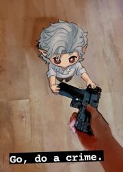 Rule 34 | 1boy, astarion, baldur&#039;s gate, baldur&#039;s gate 3, brown pants, from above, go do a crime (meme), grey hair, grey shirt, gun, holding, holding gun, holding weapon, male focus, medium hair, meme, mini person, miniboy, pants, pointy ears, red eyes, shinkomi, shirt, weapon, wooden floor