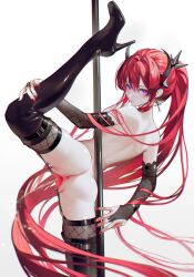 Rule 34 | 1girl, anus, arknights, ass, back, boots, censored, cropped legs, cross, cross earrings, double-parted bangs, earrings, high heels, horns, iumu, jewelry, long hair, looking at viewer, mosaic censoring, peeing, pole dancing, ponytail, purple eyes, pussy, red hair, red nails, sidelocks, spread legs, spread pussy, stiletto heels, surtr (arknights), thigh boots, turning head, very long hair, white background