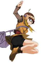 1990s_(style) 1girl ascot bad_id bad_pixiv_id bag bike_shorts blue_eyes chrono_(series) chrono_trigger female_focus full_body glasses gun helmet lucca_ashtear maaru purple_hair retro_artstyle scarf simple_background solo weapon