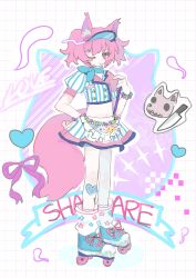 absurdres animal_ear_fluff animal_ears arknights brown_eyes character_name closed_mouth fox_ears fox_girl fox_tail halo highres kawaiiyagi knife loose_socks midriff miniskirt morte_(arknights) navel one_eye_closed puffy_short_sleeves puffy_sleeves purple_halo roller_skates shamare_(arknights) short_hair short_sleeves skates skirt socks tail