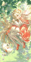 1girl animal blonde_hair dress flower goat grass hair_spread_out hat highres horns leaf long_hair lying mising_0033 original parted_lips red_dress red_hat solo teeth yellow_eyes