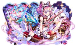 1girl alternate_costume alternate_hair_ornament alternate_wing_color anime_coloring apron aqua_flower aqua_hair aqua_ribbon aqua_rose aqua_wings arm_strap artist_request belt belt_buckle bipod black_bow black_footwear black_gloves black_hairband black_jacket black_skirt black_wrist_cuffs blue_flower blue_petals blue_rose bow breasts broken_glass buckle bullet butterfly_ornament butterfly_wings cleavage closed_mouth collar collared_jacket crack cracked_glass crash_fever cropped_jacket cropped_shirt cushion dot_nose expressionless fingerless_gloves fingernails flower frilled_apron frilled_bow frills full_body game_cg glass gloves gold_buckle gun hair_bow hairband half-skirt handgun heart_ring_strap insect_wings jacket lace lace-trimmed_thighhighs lace_trim leather leather_jacket legwear_garter light_particles looking_at_viewer magazine_(weapon) medium_breasts multicolored_hair nail_polish neck_ribbon number_tattoo numbered official_alternate_costume official_alternate_hair_ornament official_alternate_wing_color official_art outline petticoat pink_belt pink_eyes pink_flower pink_hair pink_nails pink_petals pink_ribbon pink_rose red_flower red_outline red_rose ribbon ribbon-trimmed_bow ribbon_trim rifle rose rug scope see-through_clothes see-through_wings shirt short_hair shoulder_tattoo sitting skirt sleeveless sleeveless_jacket sniper_rifle solo square square_tattoo strappy_heels streaked_hair tachi-e tattoo teeth thighhighs third-party_source titania_(crash_fever) too_many_flowers transparent_background two-tone_flower two-tone_hair two-tone_rose two_side_up wavy_hair weapon white_apron white_bow white_collar white_headdress white_petticoat white_shirt white_thighhighs window wings wrist_belt wrist_cuffs
