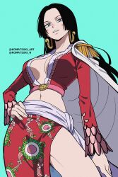 1girl aqua_background blue_background blue_eyes blush boa_hancock cape commentary cowboy_shot crop_top earrings epaulettes from_below hand_on_own_hip highres hood hooded_cape jewelry komatsuki_n long_hair long_sleeves navel one_piece parted_lips red_shirt red_skirt sash shirt side_slit sidelocks simple_background skirt snake_earrings solo twitter_username
