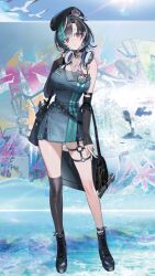 1girl aqua_hair bag bare_shoulders beret black_boots black_choker black_hair black_hat black_sleeves black_thighhighs boots braid braided_bangs breasts bright_pupils choker chyan cleavage colored_inner_hair commentary_request contrapposto detached_sleeves dress full_body garter_straps green_skirt hand_up hat headphones headphones_around_neck highres holding holding_bag hololive hololive_dev_is holonatsu_paradise lace-up_boots large_breasts long_sleeves medium_hair multicolored_hair o-ring o-ring_thigh_strap over-kneehighs parted_lips platform_boots purple_hair red_eyes rindo_chihaya rindo_chihaya_(holonatsu_paradise) second-party_source shirt short_dress sidelocks single_garter_strap single_over-kneehigh single_thighhigh skirt sleeveless sleeveless_shirt sleeves_past_wrists solo standing streaked_hair swept_bangs thigh_strap thighhighs virtual_youtuber white_hair white_pupils wrench