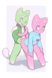 1boy 1girl :3 animal_ears animal_feet barefoot blue_sweater blush body_fur border bottomless breasts cat_boy cat_ears cat_girl cat_tail closed_mouth freckles full_body furry furry_female furry_male furry_with_furry green_fur green_jacket grey_background hands_on_own_legs happy happy_sex hetero jacket kekitopu leaning_forward legs_apart medium_breasts mochi_(kekitopu) one_eye_closed open_clothes open_jacket open_mouth original outside_border pink_fur sex sex_from_behind shirt simple_background smile standing standing_sex suama_(kekitopu) sweater tail tail_wrap whiskers white_border white_eyes white_shirt