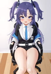 Rule 34 | 1girl, black gloves, black halo, black jacket, black skirt, blue archive, blue necktie, chair, coat, collared shirt, day, dress shirt, feet out of frame, gloves, halo, highres, holding, indoors, jacket, long hair, long sleeves, looking at viewer, miniskirt, necktie, nervous smile, off shoulder, office chair, open mouth, pleated skirt, purple eyes, purple hair, shirt, sitting, skirt, smile, solo, styx, swivel chair, thighs, two side up, wheel, white coat, white shirt, yuuka (blue archive)