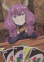 Rule 34 | 1girl, 1other, :&gt;, absurdres, aura (sousou no frieren), aura bullying (meme), black gloves, blue eyes, braid, card, card game, commentary request, demon girl, demon horns, elbow gloves, gloves, highres, holding, holding card, horns, imminent uno loss (meme), indoors, long hair, looking at viewer, meme, multiple braids, naaga sonomono, pov, purple hair, sousou no frieren, uno (game), uno reverse card