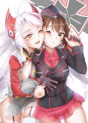 Rule 34 | 2girls, absurdres, anger vein, arm around shoulder, azur lane, black gloves, black hat, black jacket, brown eyes, brown hair, cheek-to-cheek, closed mouth, commentary, commentary request, cross, crossover, dress, dress shirt, english commentary, frown, garrison cap, garter straps, girls und panzer, gloves, grey dress, hand on another&#039;s chest, hat, headgear, heads together, highres, holding hands, insignia, interlocked fingers, iron cross, jacket, kineluchs, kuromorimine military uniform, long hair, long sleeves, looking at another, looking at viewer, microskirt, military hat, military uniform, mixed-language commentary, multiple girls, nishizumi maho, one eye closed, open mouth, orange eyes, pinching, pleated skirt, prinz eugen (azur lane), red dress, red shirt, red skirt, shirt, short hair, side slit, skirt, smile, standing, textless version, thigh gap, thighhighs, two-tone dress, white hair, white thighhighs, wing collar