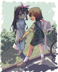 1boy 1girl aged_down alternate_costume aubrey_(faraway)_(omori) aubrey_(omori) bicycle black_hair black_shoes bright_pupils brown_eyes brown_hair choker collared_shirt dark-skinned_male dark_skin dress green_overalls green_shirt hairband highres holding holding_newspaper huasuan69416 kel_(faraway)_(omori) kel_(omori) long_hair looking_at_another mailbag mailbox_(incoming_mail) newspaper omori open_mouth outdoors overall_shorts overalls parted_lips pink_hairband shirt shoes short_hair short_sleeves socks standing teeth upper_teeth_only white_choker white_dress white_pupils white_socks