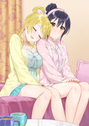 Rule 34 | 2girls, ayase eli, bed, bed sheet, bedroom, blonde hair, blue hair, breasts, cleavage, closed eyes, curtains, embarrassed, hair ornament, hair ribbon, hairclip, head on another&#039;s shoulder, highres, indoors, leaning on person, long hair, love live!, love live! school idol project, multiple girls, nanatsu no umi, on bed, open mouth, pajamas, pillow, pink pajamas, ponytail, ribbon, sitting, sleepy, sonoda umi, swept bangs, yellow eyes, yuri
