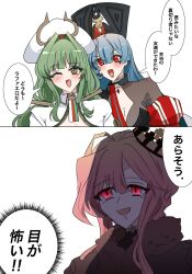 3girls azur_lane black_hat blue_hair blush clemenceau_(azur_lane) cross-shaped_pupils crown false_smile forked_tongue hair_intakes hat highres horned_hat low_twintails marco_polo_(azur_lane) multiple_girls one_eye_closed raffaello_(azur_lane) red_eyes red_hair shaded_face shrug_(clothing) sketch smile speech_bubble symbol-shaped_pupils thought_bubble tilted_headwear tongue translated tsuchi_(xger4434) twintails unamused upper_body white_hat white_shrug x_x yellow_eyes