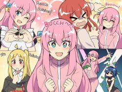 &gt;_&lt; 4girls ;d absurdres animal_ears apron black_bow black_bowtie black_hoodie black_leotard blue_eyes blue_hair bocchi_the_rock! bow bowtie character_name closed_eyes closed_mouth collared_shirt commentary cube_hair_ornament eating english_text fake_animal_ears gotoh_hitori hair_between_eyes hair_ornament heart heart_hands highres hinghoi holding holding_money holding_spoon hood hoodie ijichi_nijika jacket kita_ikuyo leotard long_hair long_sleeves maid maid_apron money multiple_girls one_eye_closed one_side_up open_mouth out_of_character pants pink_hair pink_pants pink_track_suit playboy_bunny rabbit_ears red_hair shirt short_hair smile sparkling_eyes spoon standing strapless strapless_leotard throwing throwing_money track_pants track_suit white_shirt yamada_ryo