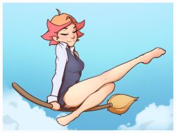 1girl amanda_o&#039;neill bare_legs barefoot blue_skirt blue_sky border breasts broom broom_riding closed_eyes cloud day dress_shirt female_focus highres little_witch_academia medium_breasts outdoors outstretched_leg pink_hair plantar_flexion pudgeruffian shirt short_hair skirt sky solo thighs toe-point white_border