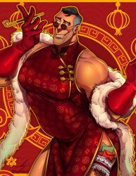 1boy absurdres alternate_costume arched_back ass bara bare_shoulders black-tinted_eyewear black_hair blue_eyes cabbage_(ncalabby) china_dress chinese_background chinese_clothes chinese_new_year collared_dress covered_pectorals cowboy_shot cross cross_print crossdressing dress elbow_gloves envelope fur_boa furrowed_brow glasses gloves gold_trim grin hands_up high_collar highres holding holding_smoking_pipe kiseru lace lace-trimmed_straps large_pectorals looking_at_viewer male_focus mature_male medic_(tf2) money muscular muscular_male new_year opium_pipe pectorals red_background red_dress red_gloves red_medic_(tf2) red_strap short_hair side_slit sideways_glance simple_background sleeveless sleeveless_dress smile smoking_pipe solo team_fortress_2 teeth thick_thighs thigh_peek thigh_strap thighhighs thighs tinted_eyewear tucked_money white_fur