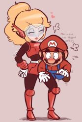 1boy 1girl akiiame artist_name belt blonde_hair blush breasts brown_hair carrying carrying_under_arm closed_eyes facial_hair gloves grin hand_on_own_hip hat heart highres holding mario mario_(series) mighty_peach mustache nintendo overalls princess_peach princess_peach:_showtime! skirt smile spoken_heart