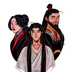1girl 2boys ahoge beard black_eyes black_hair black_hanfu black_robe blue_robe chinese_clothes closed_mouth collarbone commentary cropped_torso earrings english_commentary eyeliner facial_hair facial_mark family father_and_son fmd forehead_jewel forehead_mark frown full_beard gem hanfu jewelry layered_clothes long_hair looking_at_viewer makeup mature_female mature_male mother_and_son multiple_boys necklace parent_and_child parted_bangs pearl_(gemstone) pearl_earrings pectoral_cleavage pectorals red_eyeliner red_robe ring ring_necklace robe simple_background smile tianguan_cifu topknot upper_body very_long_hair white_background white_hanfu xie_lian yellow_robe