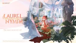 1girl ahoge bird blue_bird breasts candlestand changli_(laurel_nymph)_(wuthering_waves) changli_(wuthering_waves) character_name cleavage closed_mouth colored_extremities commentary cup curtains english_commentary english_text feather_hair feet flower food fountain fruit grapes hair_between_eyes hair_ornament indoors large_breasts logo long_hair looking_at_viewer lying official_alternate_costume official_art on_stomach pink_hair red_flower red_hands red_rose rose shoes smile soles solo the_pose toes unworn_shoes very_long_hair wide_shot wuthering_waves yellow_eyes