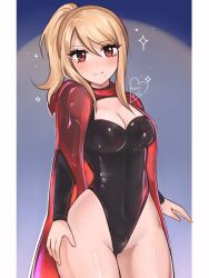 1girl alternate_costume artist_name black_leotard blonde_hair border breasts cape cleavage cleavage_cutout closed_mouth clothing_cutout covered_navel facing_viewer halloween_costume heattech_leotard high_ponytail highleg highleg_leotard highres large_breasts leotard long_hair long_sleeves looking_at_viewer luci_(purrlucii) metroid nintendo orange_eyes ponytail purple_background red_cape samus_aran signature smile solo standing turtleneck vampire white_border