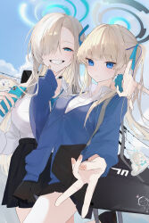 2girls absurdres arm_on_another&#039;s_shoulder asuna_(blue_archive) bag black_collar black_skirt blonde_hair blue_archive blue_cardigan blue_eyes blue_halo blue_nails blue_ribbon blue_scrunchie blue_sky blunt_bangs breasts cardigan cellphone cloud collar collared_shirt dress_shirt foreshortening grin gyaru gyaru_v hair_over_one_eye hair_ribbon half-closed_eyes halo highres holding holding_phone large_breasts long_hair long_sleeves looking_at_viewer medium_breasts miniskirt momochi_tamalu multiple_girls outstretched_arm phone pink_nails pleated_skirt ribbon school_bag school_uniform scrunchie shirt skirt sky sleeves_past_wrists smartphone smile toki_(blue_archive) toki_(school_uniform)_(blue_archive) twintails v v_over_mouth very_long_hair white_shirt wing_collar wrist_scrunchie