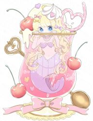 1girl bikini blonde_hair blue_eyes bow cherry commentary cup drink drinking_straw food fruit heart heart-shaped_pupils highres ice_cream ice_cream_float in_container in_cup long_hair looking_at_viewer mermaid mini_person minigirl monster_girl original ribbon shell shell_bikini simple_background solo spoon sweets symbol-shaped_pupils tail very_long_hair white_background yume_harukasumi