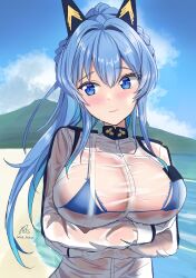 1girl arms_under_breasts artist_name beach bikini bikini_under_clothes blue_bikini blue_eyes blue_hair blue_sky blush braid breasts closed_mouth commentary_request gloves goddess_of_victory:_nikke hair_intakes headgear helm_(aqua_marine)_(nikke) helm_(nikke) highres kazushi_shinya large_breasts long_hair looking_to_the_side official_alternate_costume outdoors ponytail see-through_clothes see-through_shirt shirt signature sky solo swimsuit upper_body wet wet_clothes wet_shirt white_gloves white_shirt