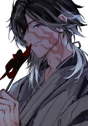 1boy black_hair burn_scar closed_mouth commentary facial_scar grey_hair hair_between_eyes hand_up highres holding holding_pinwheel jikkyuu_mitsutada looking_at_viewer male_focus medium_hair multicolored_hair pinwheel purple_eyes purple_hair rakanama scar scar_on_cheek scar_on_face scar_on_neck simple_background smile solo touken_ranbu two-tone_hair upper_body white_background