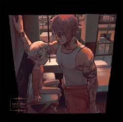 2boys age_difference arm_tattoo bed bench blonde_hair blue_eyes blush kanatahiba long_sleeves male_focus multiple_boys muscular muscular_male original pants pectorals penis pink_hair prison prison_clothes shirt short_hair shota sitting size_difference tank_top tattoo tattoo_on_neck unworn_pants yaoi