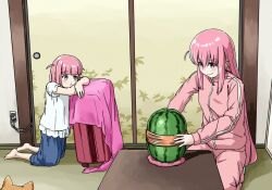 Rule 34 | 2girls, blue eyes, blue pants, bocchi the rock!, dog, exploding watermelon challenge, food, fruit, gotoh futari, gotoh hitori, indoors, long hair, multiple girls, pants, pink hair, pink track suit, rolling suitcase, rubber band, shirt, suitcase, torako (toramaru), track suit, watermelon, white shirt