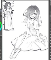 Rule 34 | 2girls, ahoge, art program in frame, bangs pinned back, barefoot, between legs, blush, bow, breasts, bridal veil, bride, chi kan100, cleavage, collarbone, dress, earrings, from above, full body, grin, hair bow, hair ornament, hair over one eye, hairpin, half-closed eyes, hand between legs, heart, heart in eye, jewelry, kimi no koto ga dai dai dai dai daisuki na 100-nin no kanojo, lace dress, looking at viewer, monochrome, multiple girls, multiple views, nakaji uto, official alternate costume, official alternate hairstyle, official art inset, one eye covered, raised eyebrows, reference inset, screencap, shawl, short hair, short sleeves, simple background, sitting, small breasts, smile, symbol in eye, v-neck, veil, wavy hair, wedding dress, white background, white dress, white shawl