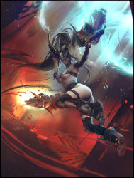 1girl absurdres ass belt_bra black_hair blood blood_splatter boots breasts chain commentary covered_eyes dark-skinned_female dark_skin electricity english_commentary full_body gun headdress highres holding holding_gun holding_shield holding_weapon huge_weapon hunter_(quake) knee_pads large_breasts lightning_gun long_hair magdalena_radziej making-of_available mask quake_(series) quake_1 quake_3_arena realistic running shield skull_on_head solo thigh_strap thighhighs tribal underboob very_long_hair weapon