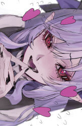 1girl black_nails blush eyelashes fangs heart heart-shaped_pupils highres looking_at_viewer mole mole_under_eye nail_polish open_mouth own_hands_together pointy_ears purple_hair red_eyes smile solo symbol-shaped_pupils vampire vivian_(zenless_zone_zero) yosei_bin zenless_zone_zero