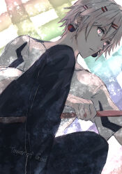 Rule 34 | 1boy, absurdres, black pants, david hockney, earrings, eyeshadow, gradient background, hair ornament, hairclip, highres, holding, jewelry, looking at viewer, makeup, multicolored eyes, original, pants, shaded face, shadow, shirt, short hair, short sleeves, solo, spyairi, tower of god, two-tone eyes, underlighting, white hair, white shirt