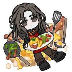 1boy apron bacon black_shirt black_shoes bread bread_slice brown_eyes brown_hair brown_pants cherry_tomato chibi closed_mouth collar dot_mouth egg_(food) eggs_benedict empty_eyes food frying_pan full_body holding holding_plate kimi_ga_shine ladle long_hair long_sleeves looking_at_viewer male_focus outline pants parted_bangs plate red_apron satou_kai shirt shoes shot_(urem) simple_background solo spatula toast tomato transparent_background vegetable white_outline