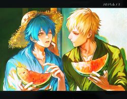 2boys arms_up blonde_hair blue_hair blue_kimono closed_mouth collarbone commentary dated dramatical_murder english_commentary fingernails food fruit green_kimono hair_between_eyes hand_on_another&#039;s_face hat highres holding holding_food holding_fruit japanese_clothes kimono letterboxed looking_at_another male_focus multiple_boys noiz_(dramatical_murder) one_eye_closed parted_lips seragaki_aoba straw_hat summer thijkoij upper_body watermelon watermelon_slice yukata