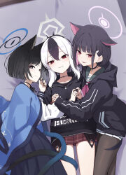 3girls absurdres animal_ear_fluff animal_ears ascot black_choker black_eyes black_hair black_hoodie black_jacket black_nails blue_archive blue_halo blue_haori blue_skirt blush cat_ears cat_girl cat_tail choker closed_mouth colored_inner_animal_ears colored_inner_hair demon_girl demon_horns demon_wings extra_ears floral_print green_sailor_collar hair_between_eyes halo haori highres hood hoodie horns jacket japanese_clothes kayoko_(blue_archive) kazusa_(blue_archive) kikyou_(blue_archive) long_hair looking_at_viewer multicolored_hair multiple_girls multiple_tails open_mouth parted_bangs parted_lips pink_ascot pink_eyes pink_hair pink_halo plaid_clothes plaid_skirt pleated_skirt red_skirt sailor_collar shiroiurushi shirt short_hair single_wing skirt smile tail two-tone_hair two_tails white_hair white_halo white_shirt white_skirt wings