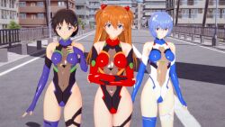 3d 3girls adapted_costume alternate_breast_size alternate_costume artist_request ayanami_rei bare_shoulders black_hair boots breasts city cosplay covered_navel crossed_arms elbow_gloves genderswap genderswap_(mtf) gloves hair_ornament hairclip highleg highleg_leotard ikari_shinji leotard long_hair looking_at_viewer medium_breasts multiple_girls neon_genesis_evangelion red_leotard revealing_clothes road see-through_clothes see-through_leotard shiny_skin short_hair smile souryuu_asuka_langley standing street taimanin_(series) taimanin_suit teamwork thigh_boots twintails two_side_up very_long_hair white_leotard wide_hips