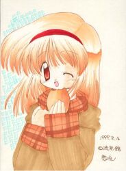 Rule 34 | 1girl, 2000s (style), bad id, blush, brown coat, brown eyes, brown hair, coat, colored pencil (medium), dated, eating, hairband, kanon, looking at viewer, medium hair, one eye closed, open mouth, plaid clothes, plaid coat, red hairband, smile, solo, sou ryuu, traditional media, tsukimiya ayu, upper body