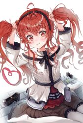 Rule 34 | 1girl, alternate hairstyle, arms up, blush, breasts, bunching hair, eris greyrat, feet, hairband, highres, legs, long hair, long skirt, looking at viewer, mushoku tensei, pantyhose, playing with own hair, popokki, red eyes, red hair, sitting, skirt, small breasts, smile, thighs, twintails, very long hair