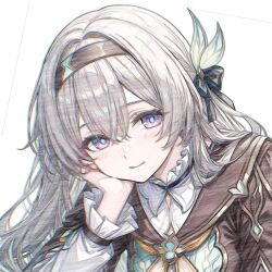 1girl blush brown_hairband collared_shirt firefly_(honkai:_star_rail) frilled_sleeves frills gradient_eyes gradient_hair green_pupils grey_hair hair_between_eyes hair_intakes hair_ornament hair_ribbon hairband hand_on_own_chin honkai:_star_rail honkai_(series) long_hair long_sleeves miyashirokiyu multicolored_eyes multicolored_hair neckerchief orange_neckerchief ribbon shirt simple_background smile solo white_background white_shirt white_sleeves