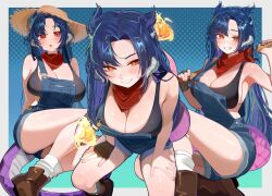 1girl bandana bandana_around_neck black_bra blue_hair blue_overalls blush boots bra breasts brown_boots cleavage closed_mouth dragon_girl dragon_horns dragon_tail fingerless_gloves fire gloves grey_horns hat highres holding horns indie_virtual_youtuber large_breasts leaning_forward long_hair ms._tsu open_mouth orange_eyes overalls red_bandana second-party_source single_glove smile socks sun_hat tail underwear vienna_(vtuber) virtual_youtuber white_socks