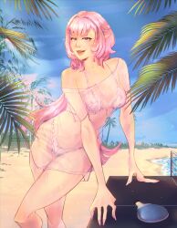 Rule 34 | 1girl, absurdres, ball, beach, bikini, blue eyes, blue sky, breasts, cleavage, commentary, day, elf, elysia (honkai impact), english commentary, highres, honkai (series), honkai impact 3rd, kflowerstorm, long hair, medium breasts, navel, ocean, open mouth, outdoors, paddle, palm tree, pink hair, pointy ears, purple bikini, see-through clothes, see-through shirt, shirt, sky, solo, stomach, swimsuit, table tennis, table tennis ball, table tennis paddle, thighs, tree, very long hair