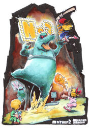 Rule 34 | 1girl, 2boys, akahanadragon, backpack, bag, baseball bat, baseball cap, black hair, blonde hair, bow, bowtie, cave interior, claws, dress, fighting, fireball, formal clothes, guardian digger, gun, hair bow, hat, holding, holding gun, holding weapon, jeff andonuts, kneeling, looking back, mole (animal), monster, mother (series), mother 2, multiple boys, ness (mother 2), nintendo, paula (mother 2), red eyes, shoes, shorts, shoulder belt, sign, sneakers, suit, weapon, whiskers